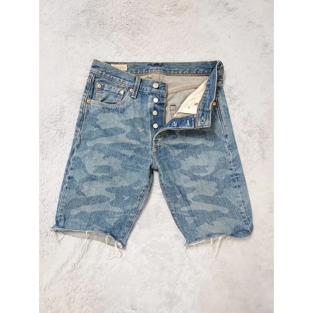 Levis 501 Shorts Mens 29 Premium Denim Camo Print Blue Button Fly Frayed Hem